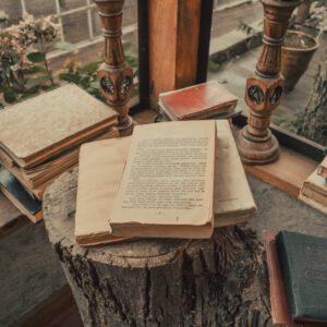 vintage books on rustic wooden table