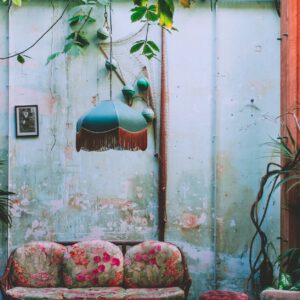 green plants in shabby room interior
